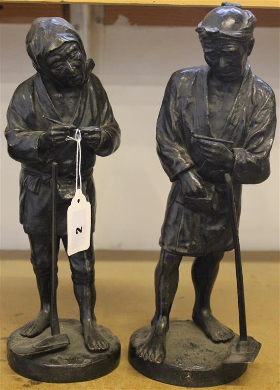Pair of Japanese bronze figures of farmers, 12.5ins